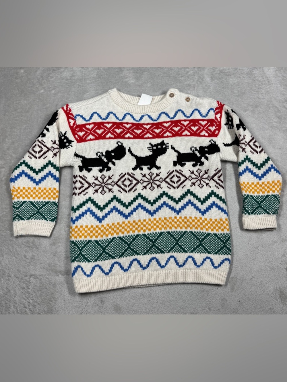 Hema Knit Fair Isle Cat Dog Cotton Blend Cream Pullover Sweater Size 92 US 2T